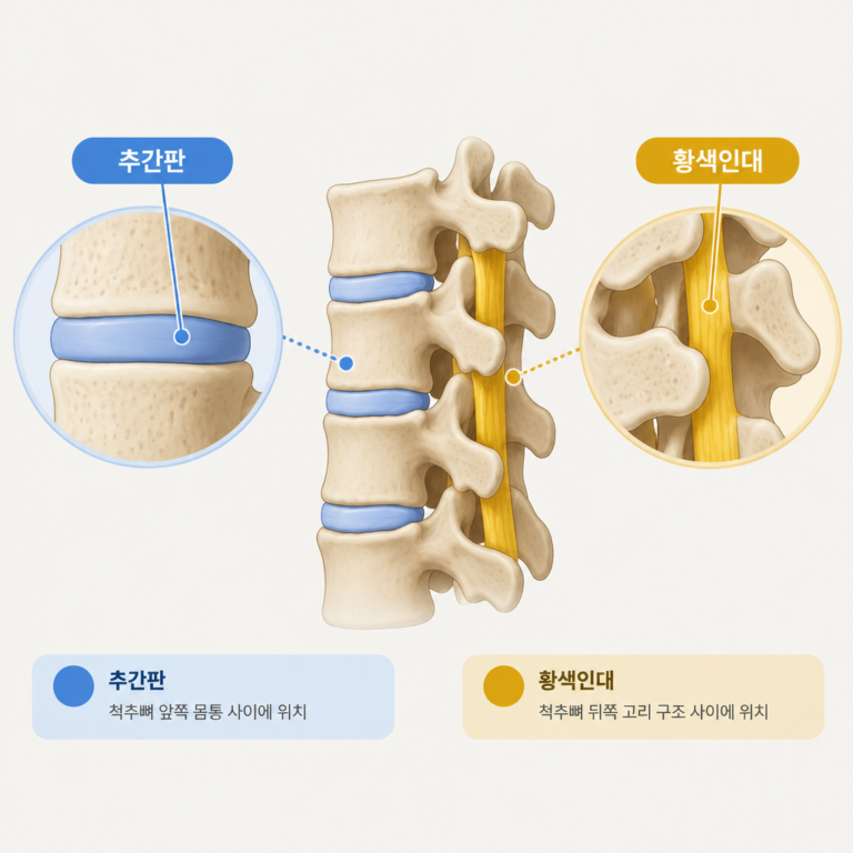 AI 생성 설명 이미지: 서초 한방병원 장덕 한방병원 | 황색인대는 어디에 있고 추간판과 어떻게 다를까요?