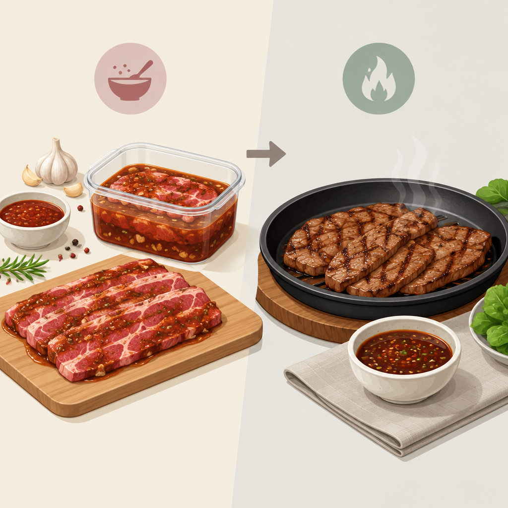AI 생성 설명 이미지: 안산일동맛집 유니드정육식당 | 고기 메뉴의 양념과 소스, 쓰이는 시점으로 구분하기
